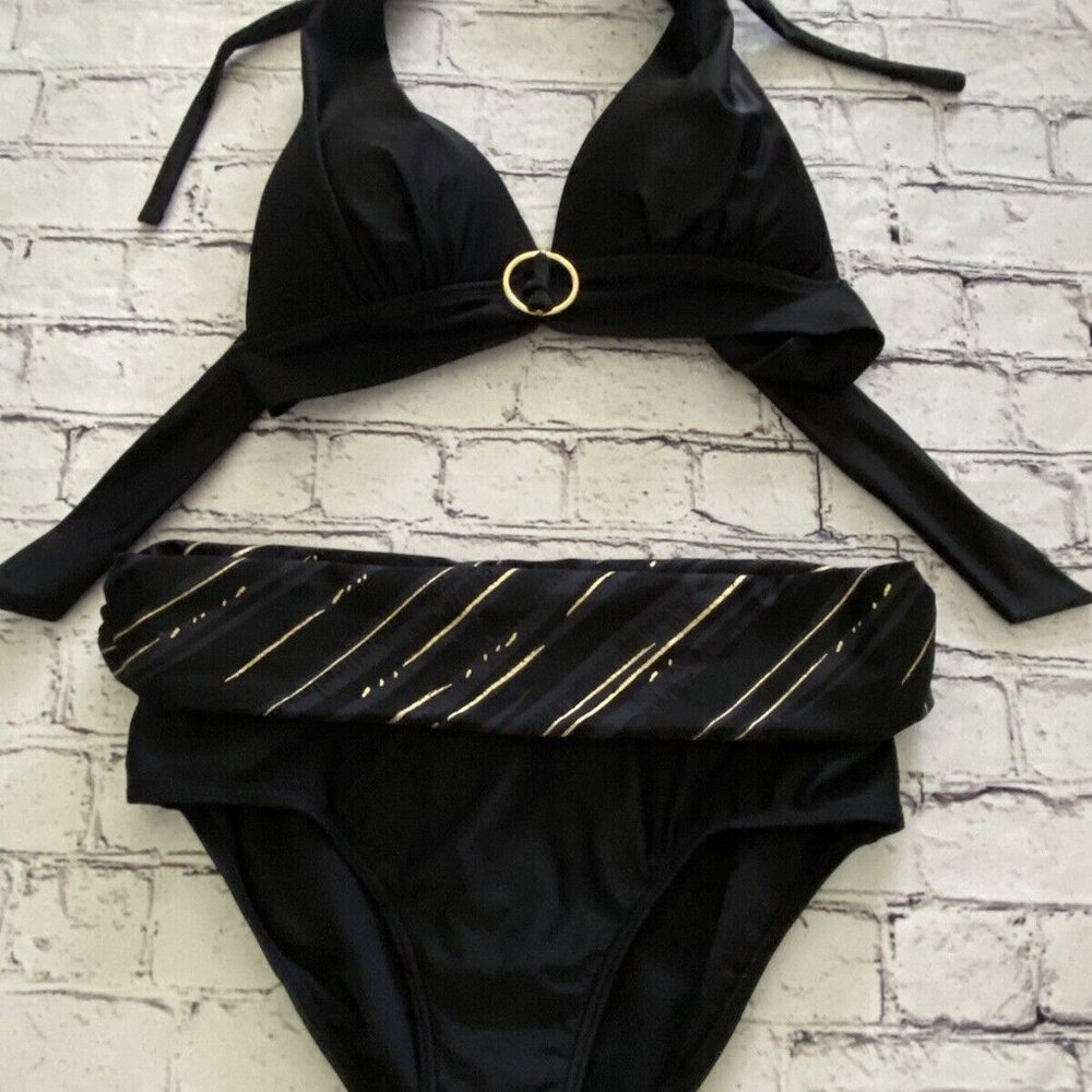 Simon Chang Vintage Black And Gold Bikini Padded Halter Top Size 10 Bond Girl EC - Picture 8 of 16